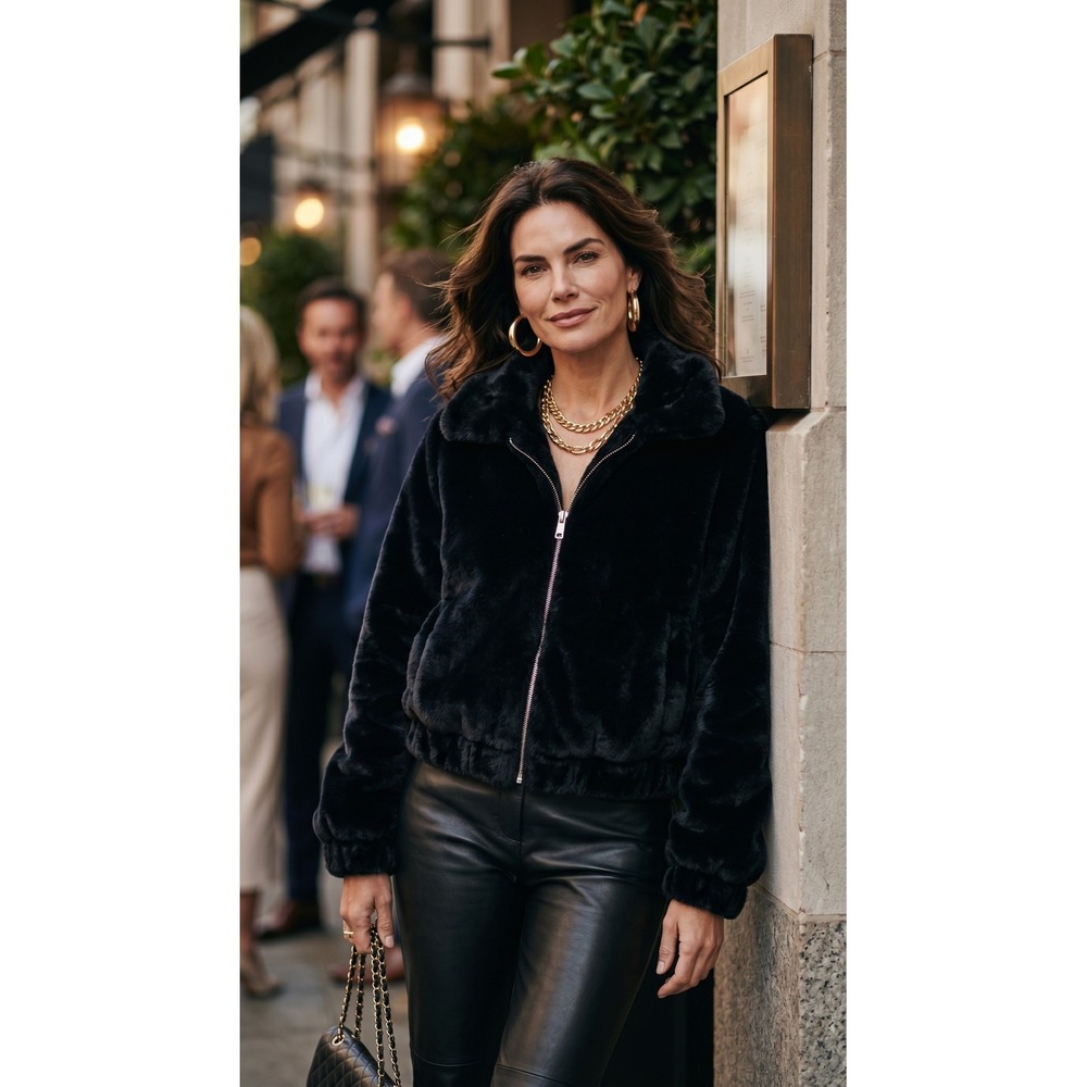 Black‎ Faux Fur Cropped Bomber Jacket M Zip Fluffy Coat Quiet Luxury